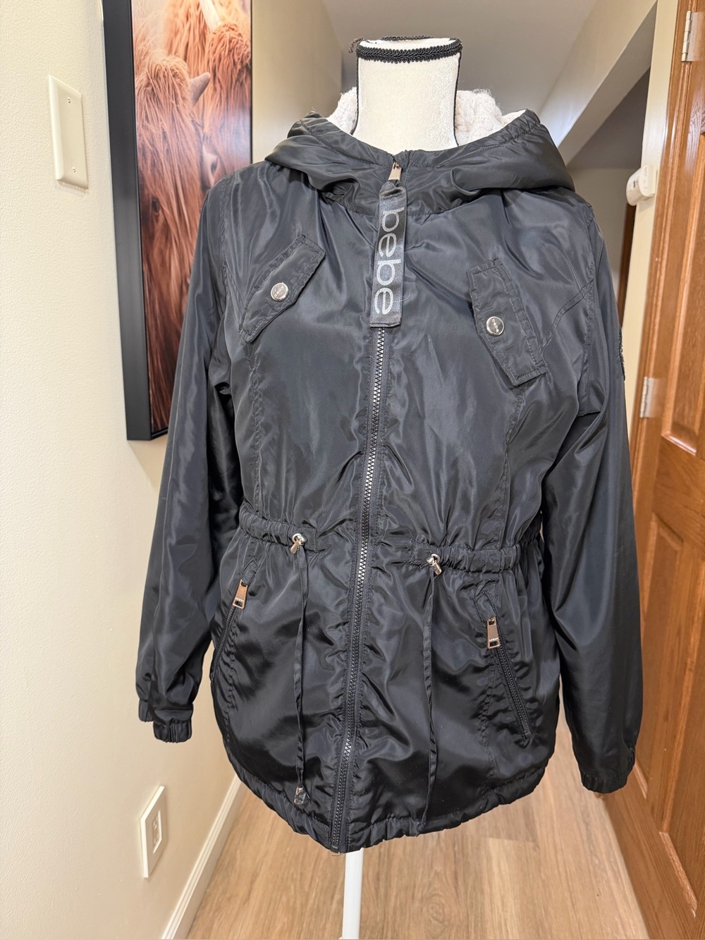 Bebe Black Hooded Sherpa Lined Parka Jacket Size L